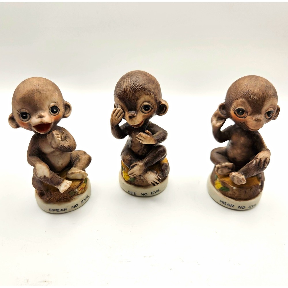 Three Wise Monkeys Ceramic Figurine Set of 3~Hand Painted~Made in Korea